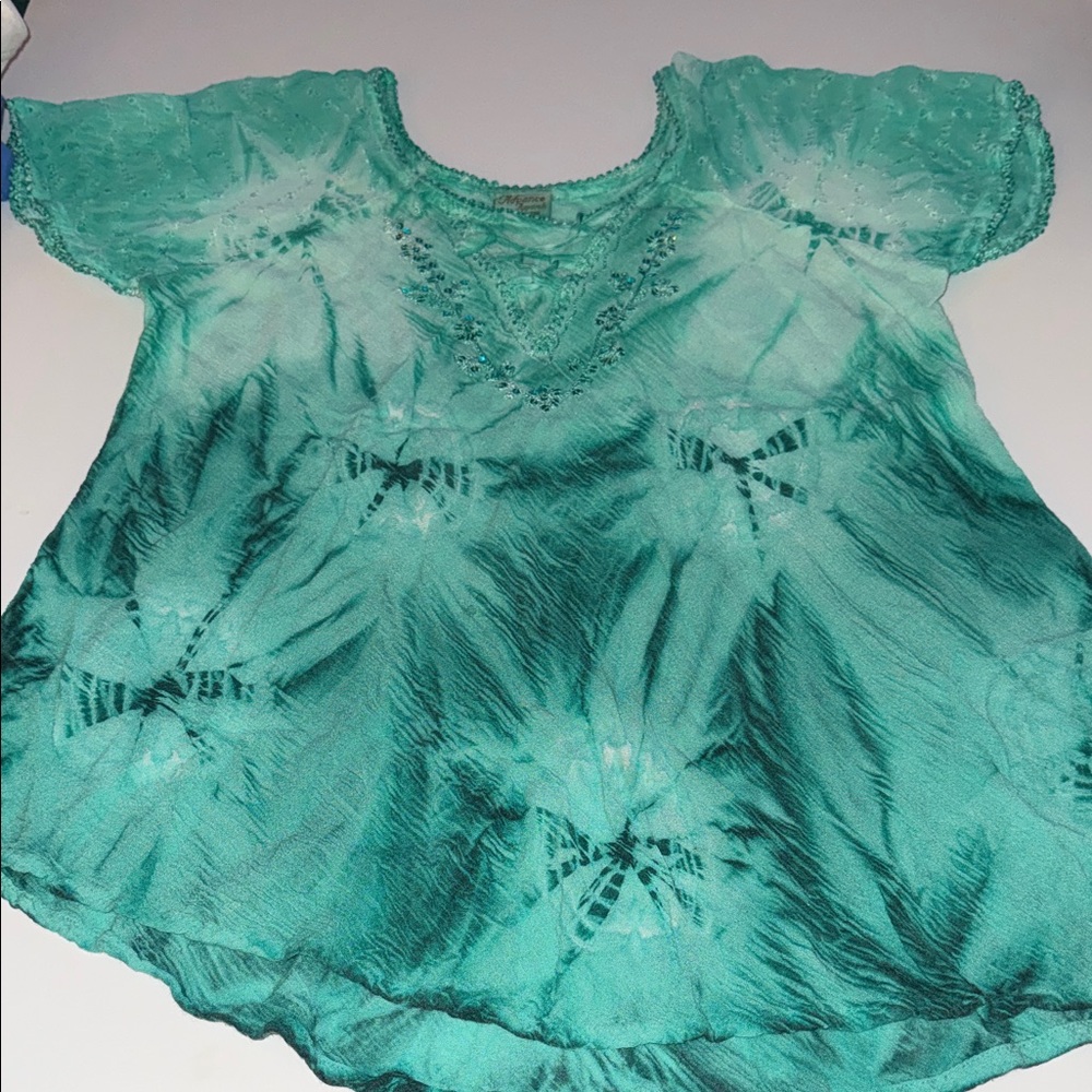 Advance Apparels Teal Crochet-Trim Tie-Dye Top